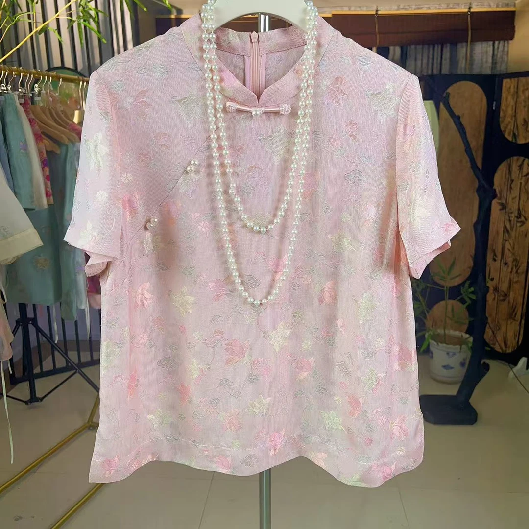 人丝花萝藕粉色复古新中式国风衬衫女夏季新款短袖改良斜襟上衣
