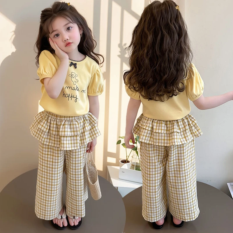 女童夏季套装薄款2025新款洋气儿童短袖女宝宝夏装格子裤两件套潮