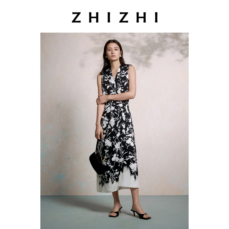 致知 落花时 剪影印花连衣裙女25新款优雅围裹式裙型ZZ2EMWLZ022