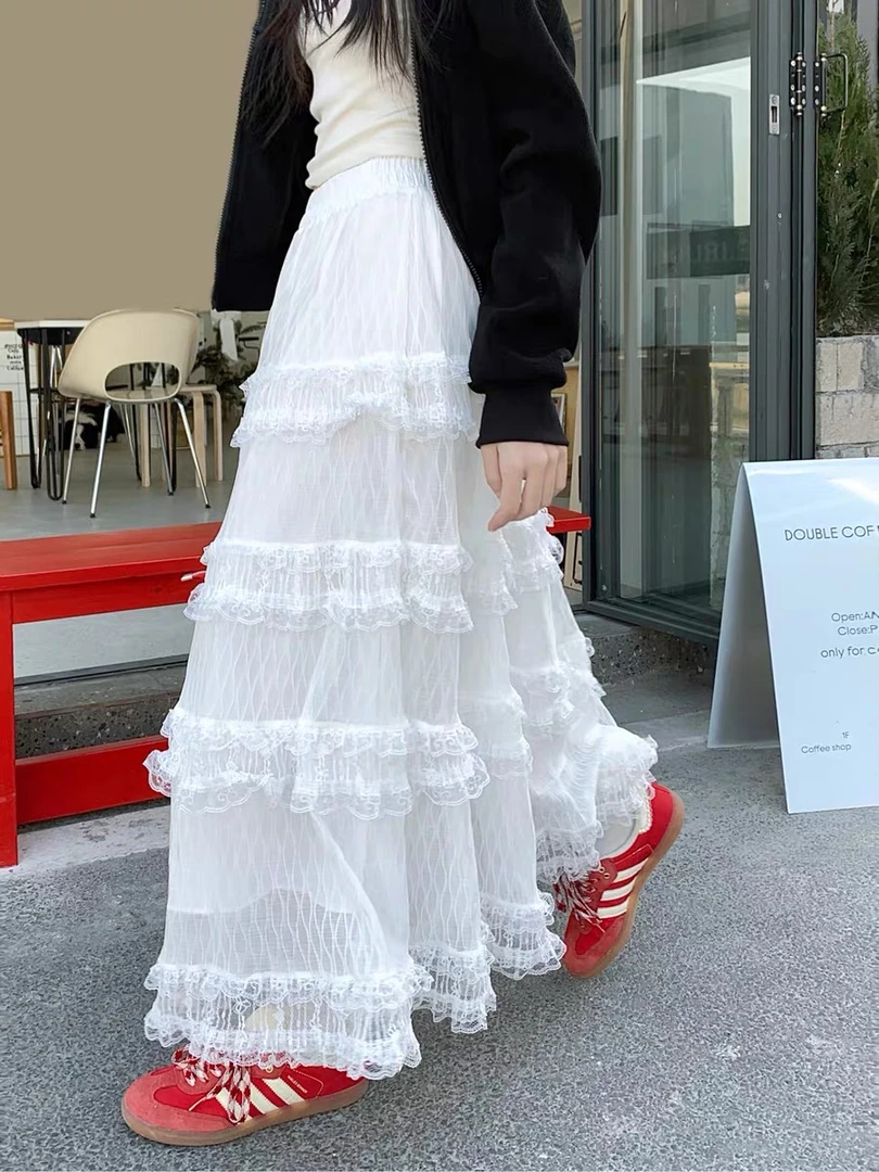 法式蕾丝花边拼接蛋糕裙女夏季高腰显瘦A字中长裙垂坠感大摆伞裙