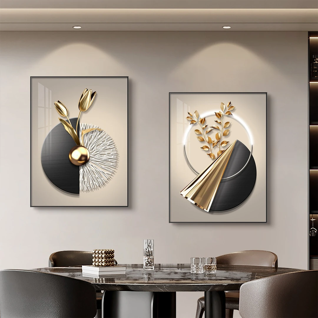 现代轻奢餐厅装饰画高档饭厅餐桌墙壁挂画高级感抽象大气组合壁画