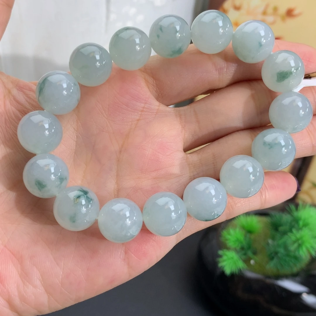 翡翠未镶嵌手串卡12.9胶润蓝飘花手串