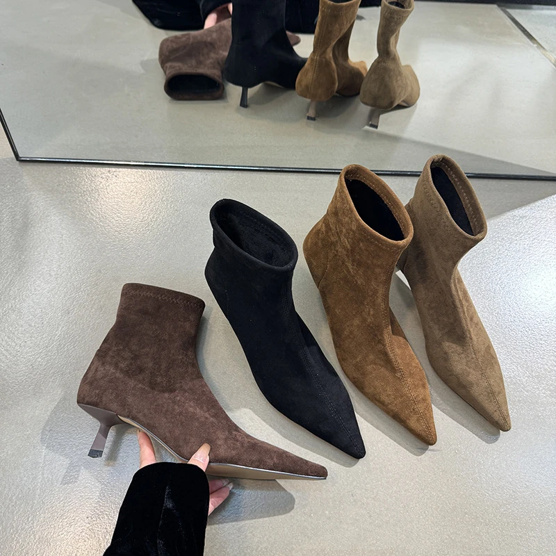 高级感高跟短靴2025新款裸靴气质秋冬瘦瘦靴子爆款尖头细跟短靴女