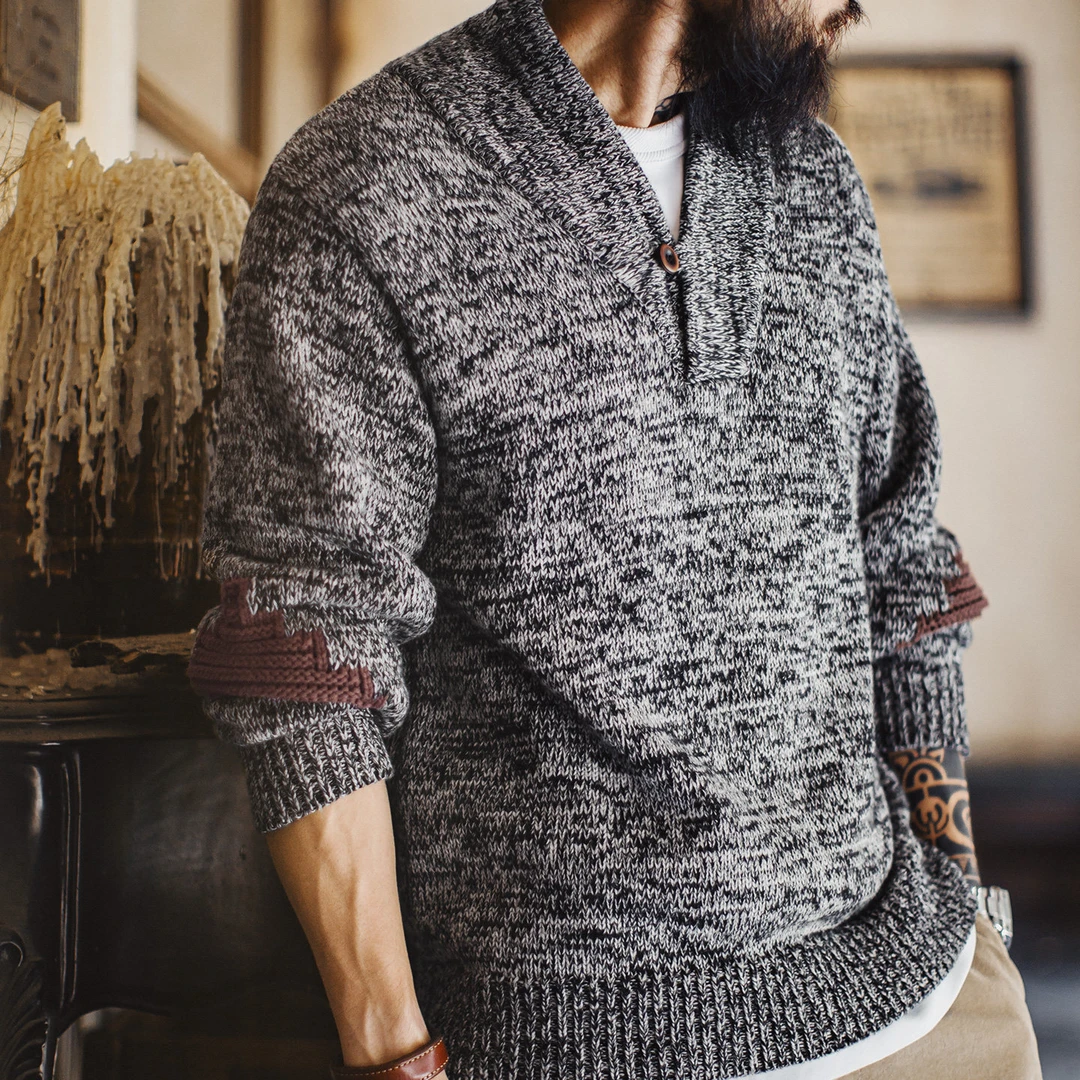 马登工装美式复古青果领毛衫老钱风套头毛衣针织衫灰色外套男冬