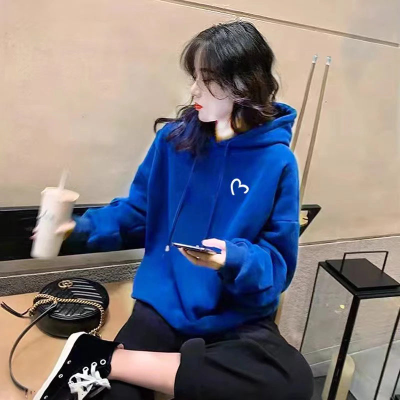 宽松大码棉质连帽卫衣女加绒加厚保暖秋冬潮ins克莱因蓝潮牌外套