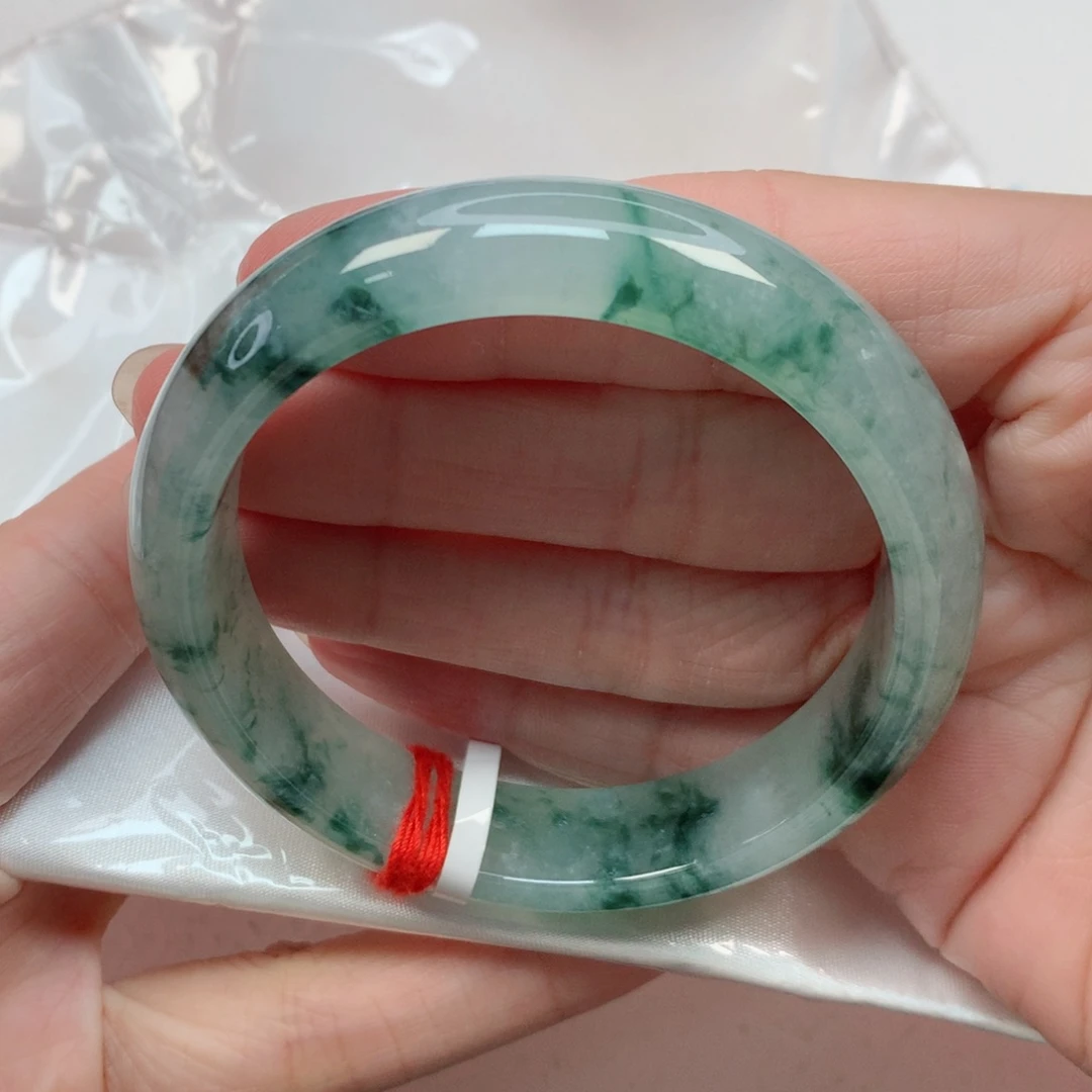 翡翠手镯未镶嵌54.4圈 冰飘海藻绿花 冰胶润