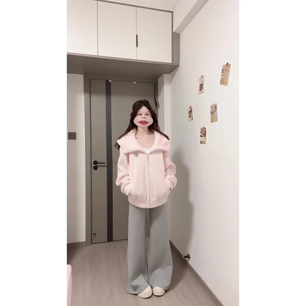 韩风chic一整套松弛感粉色连帽卫衣外套休闲长裤两件套装秋冬