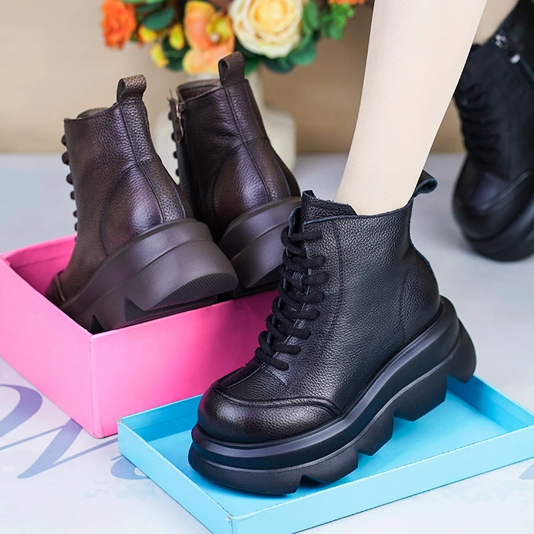 NP25618秋冬头层牛皮羊毛马丁靴女新休闲加绒短靴真皮厚底增高鞋