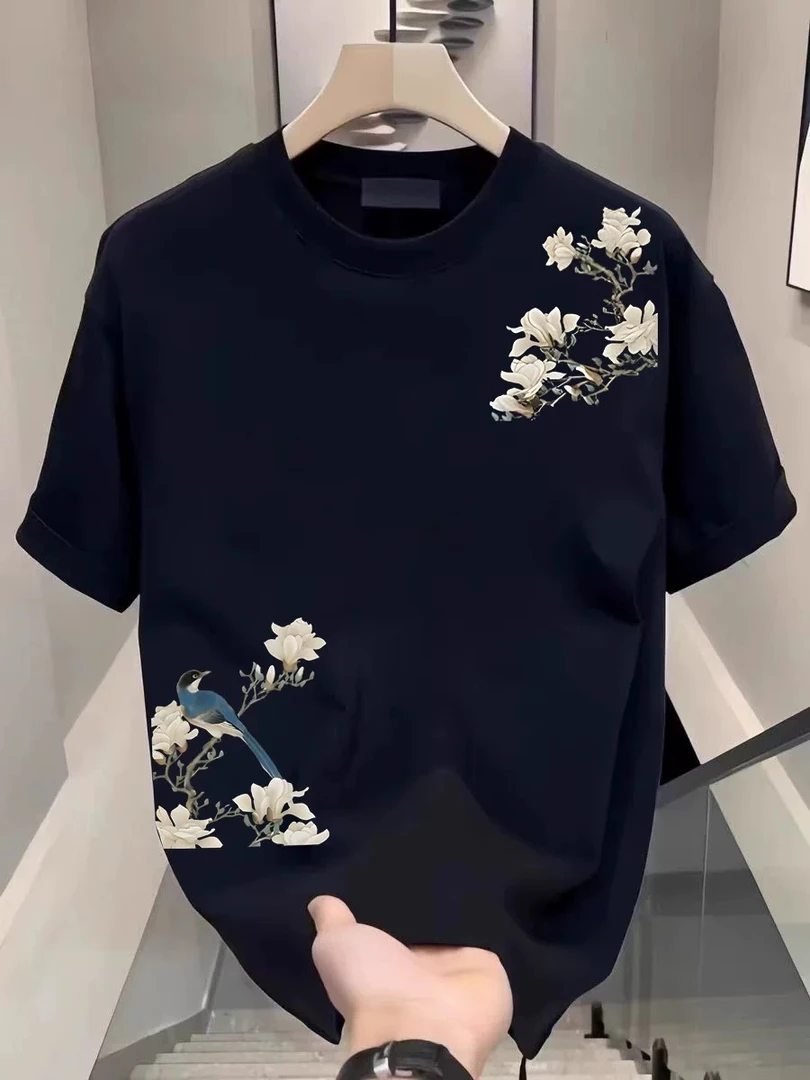 夏季高质量轻奢重磅纯棉T恤新款国风潮流印花休闲百搭小圆领T恤