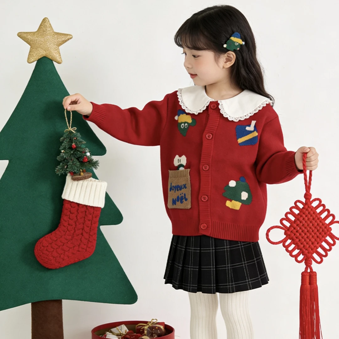 【100棉】毛衣全棉开衫男童女童扣子冬季款韩版圣诞宝宝儿童百搭