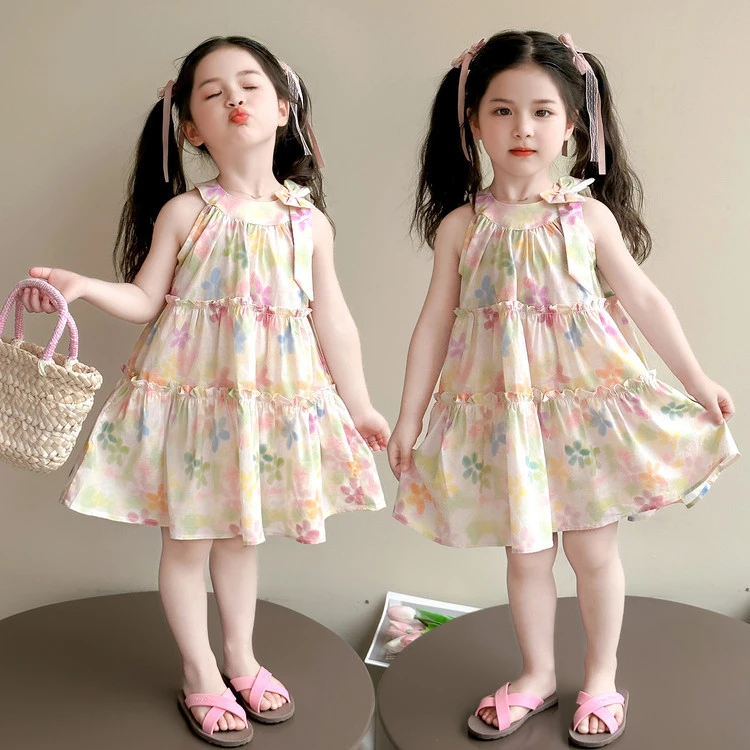 连衣裙夏季碎花女童儿童洋气宝宝小女孩无袖时尚甜美薄款夏款女宝