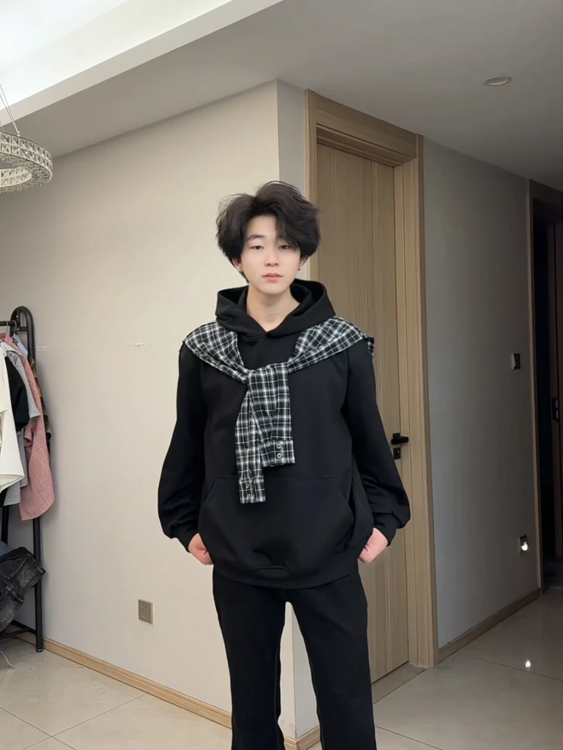 这一秒的心动新款百搭潮流春秋时尚拼接披肩连帽长袖卫衣设计感