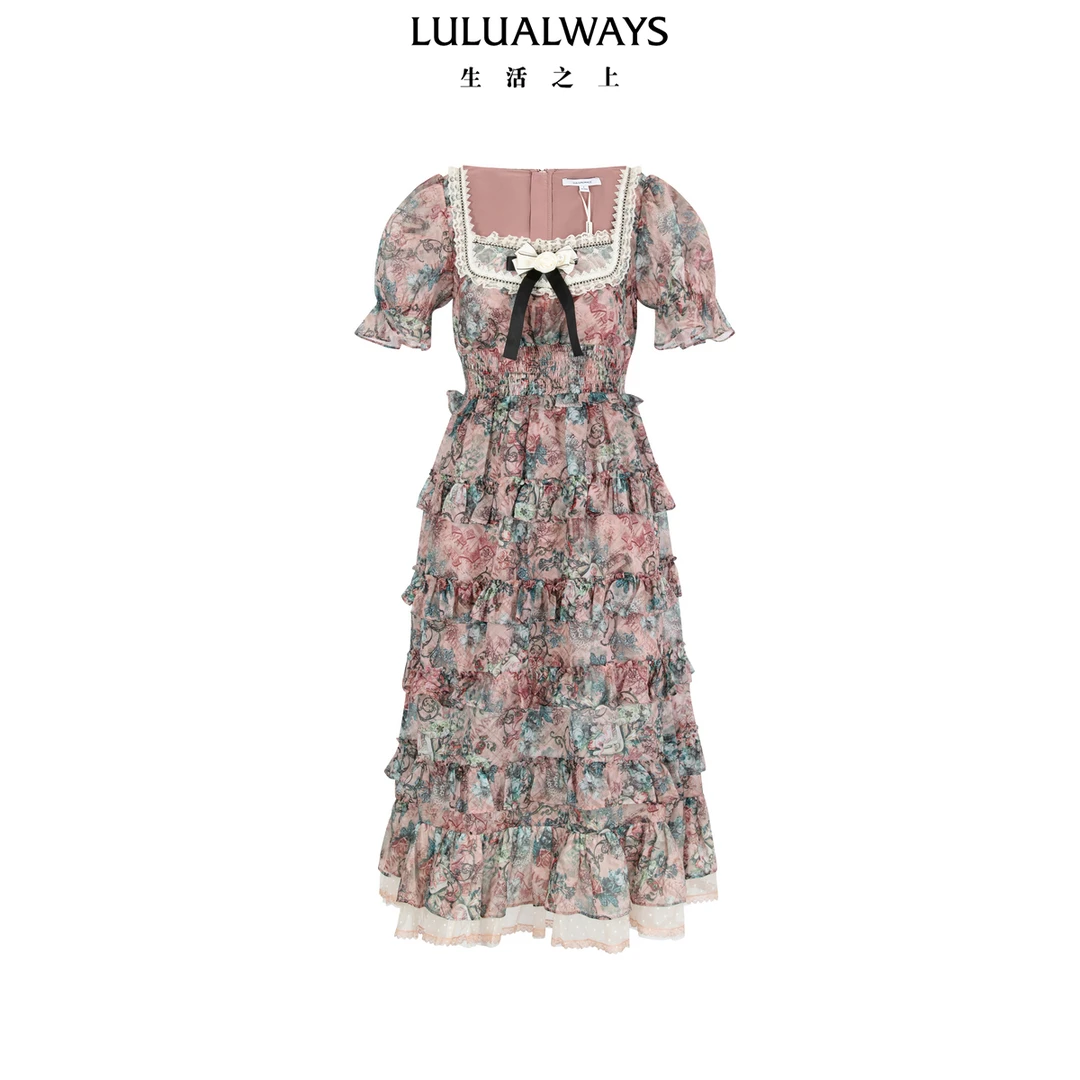 LULUALWAYS【商场同款】25夏季新款甜美网纱蝴蝶结印花蛋糕连衣裙