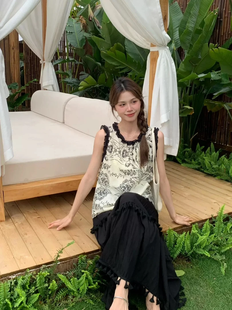 法式甜美木耳边碎花夏季复古百搭衬衫女