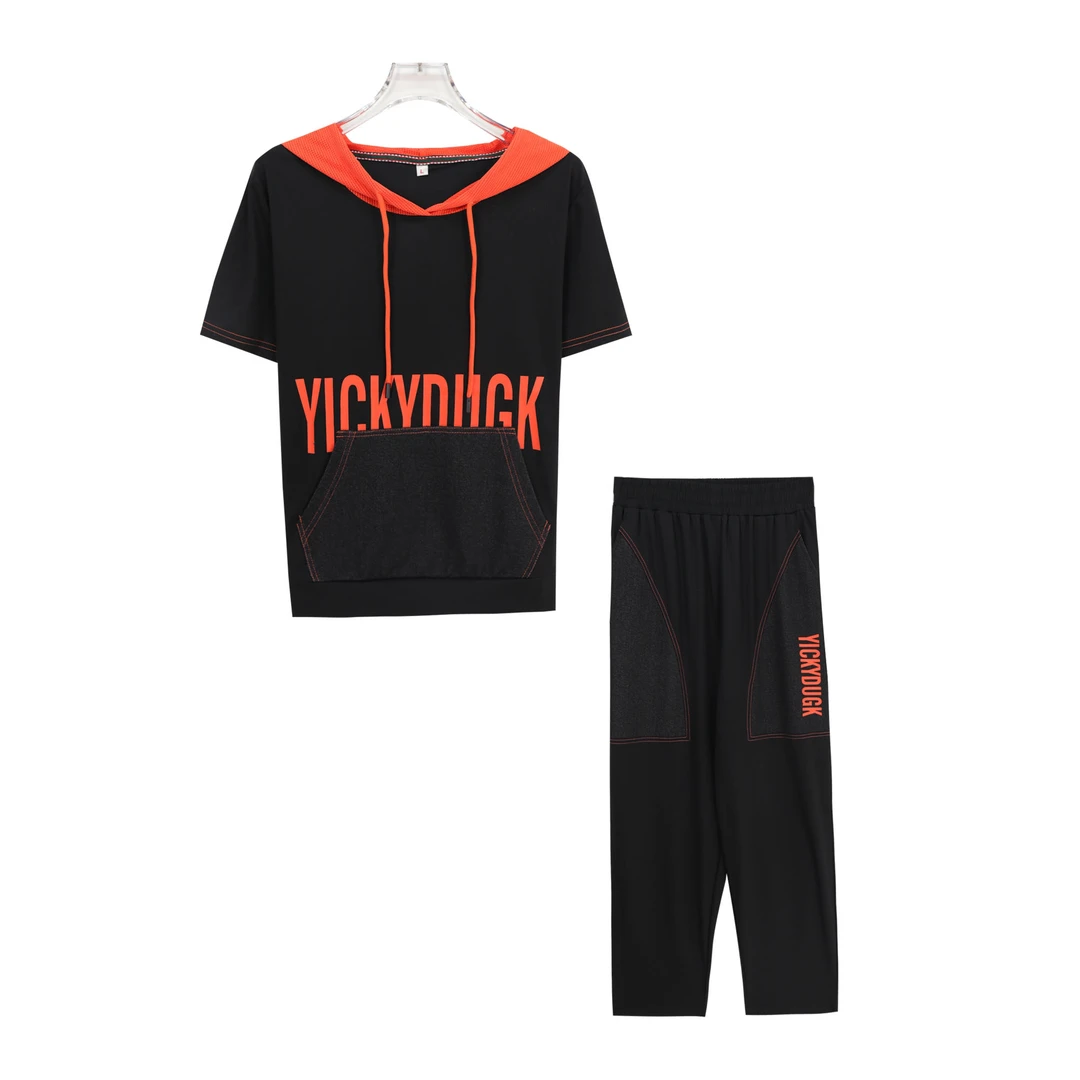 夏季连帽休闲时尚宽松洋气T恤套装S817