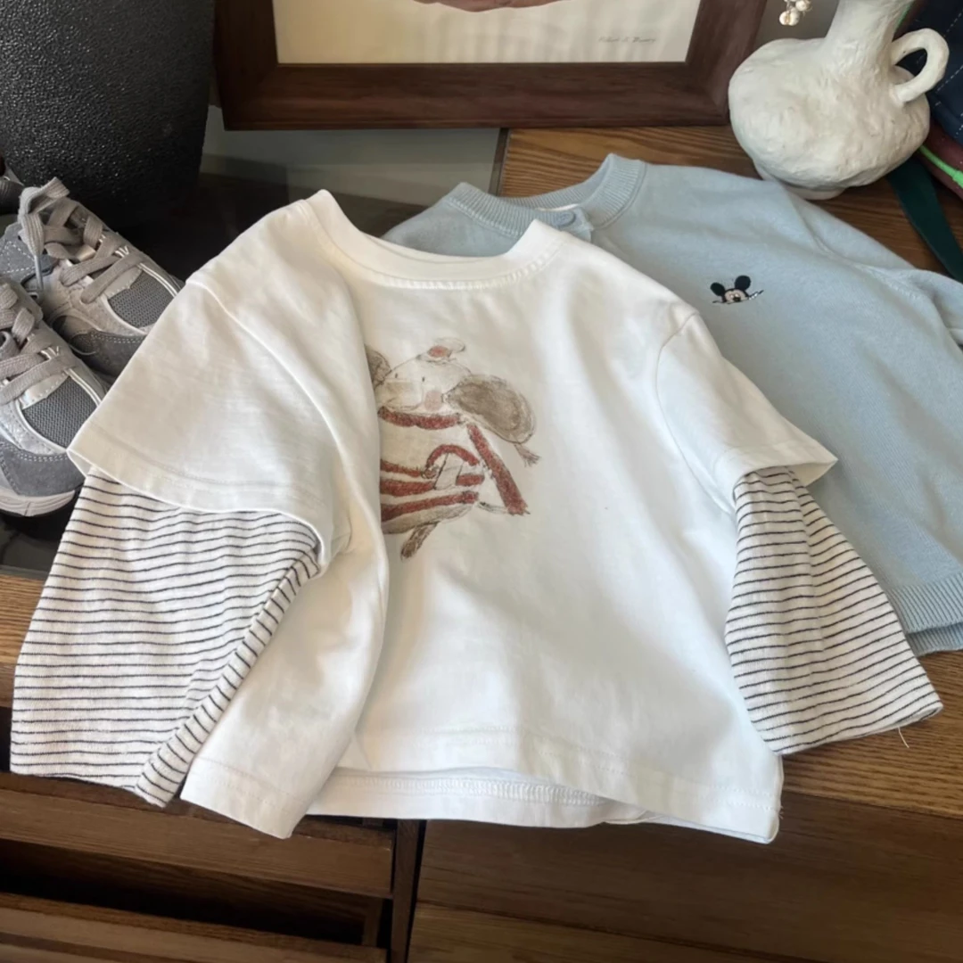 配色好看又洋气!韩国男女童假两件条纹长袖T恤儿童卡通打底衫春