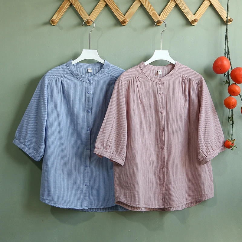 夏季立领条纹显瘦七分袖双层纱全棉衬衫女宽松百搭显瘦柔软衬衣