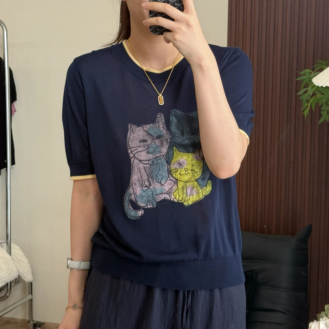 美亚恩NANA【幸运小猫】夏季莱赛尔圆领撞色短袖针织T恤Q0389