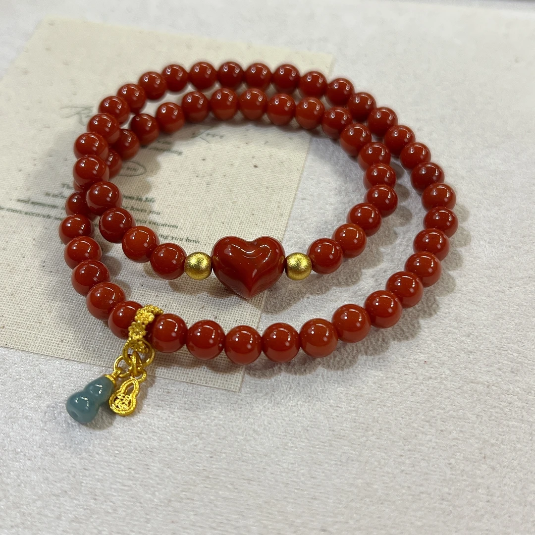 柿子红南红手链南红爱心玛瑙手串女天然蓝翡葫芦多圈手链A45