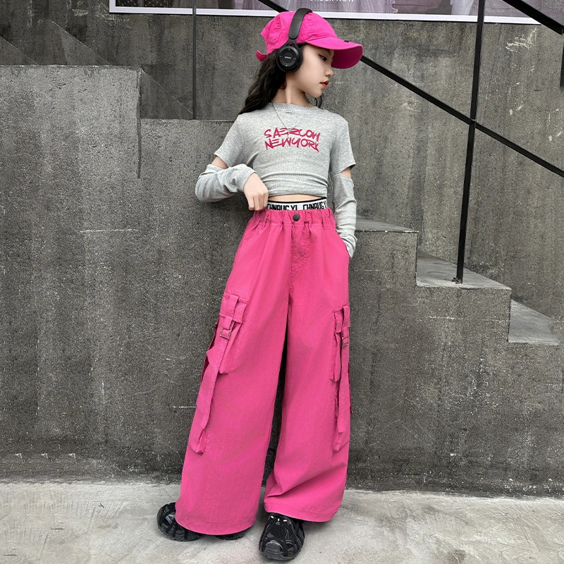 甜酷新款女童休闲长裤火龙果色中大童潮短街舞工装裤套装宽松夏季