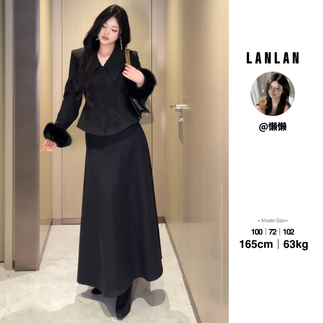 Lanlan-【悠然舒适】法式高级感赫本风黑色套装上衣半身裙两件套