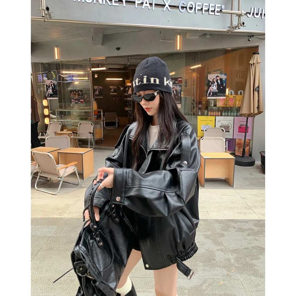美式复古黑色PU皮长袖外套女2025秋时尚气质别致chic宽松夹克上衣