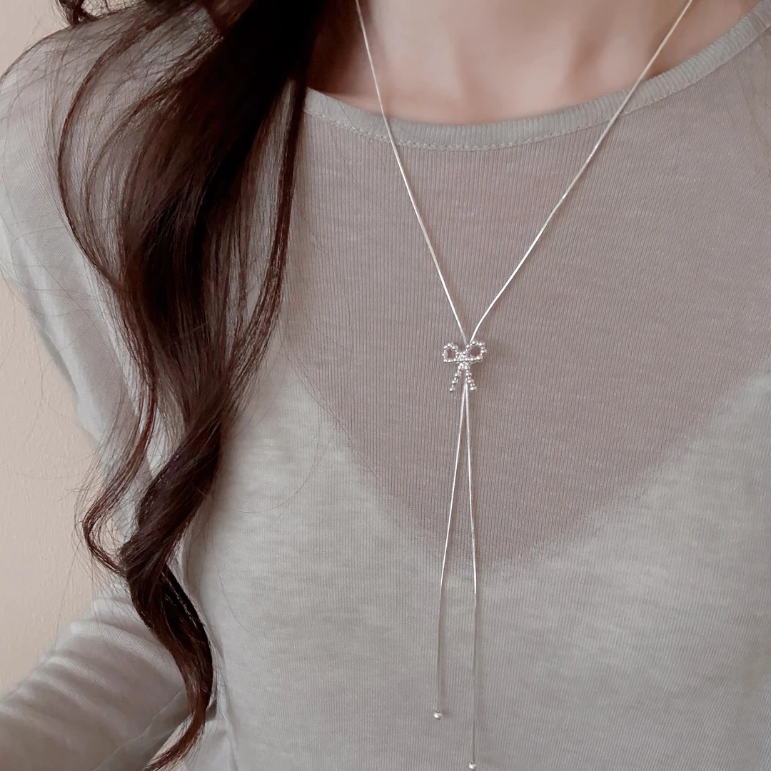 钛钢项链 蝴蝶结项链韩系简约高级感抽拉式长款可调节毛衣链配饰