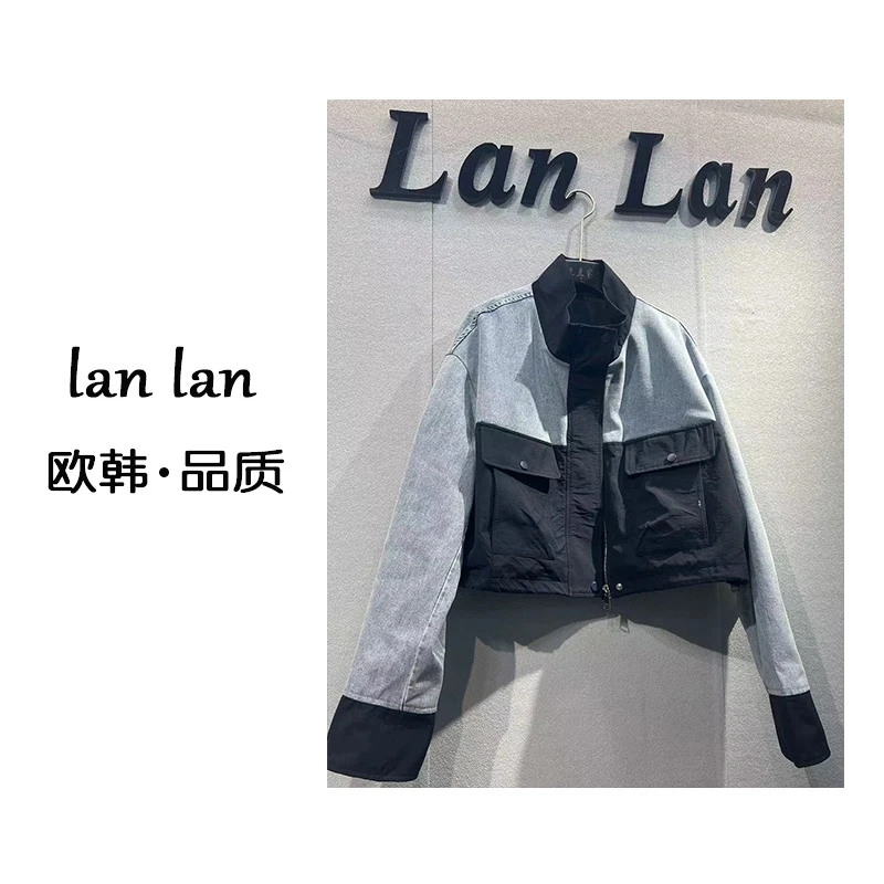 琪琪-春上新【牛仔拼色短外套】5282韩版小众牛仔拼色短款外套百搭