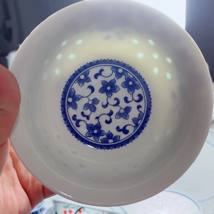 青花玲珑5寸饭碗z紫荆花无花