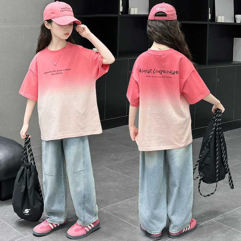 女童渐变色短袖牛仔裤套装夏季2025新款儿童洋气女孩中大童休闲裤