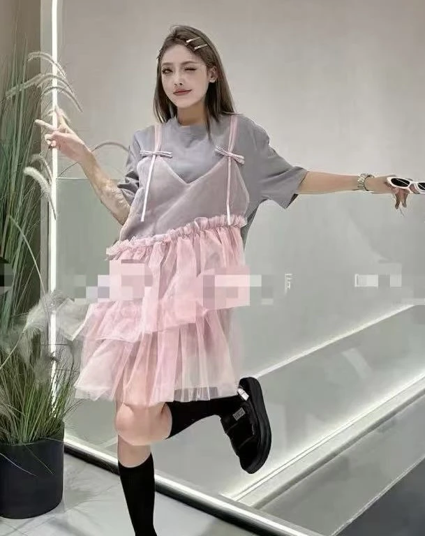 欧货女装南油原创夏季新款时尚洋气拼接网纱假两件T恤连衣裙