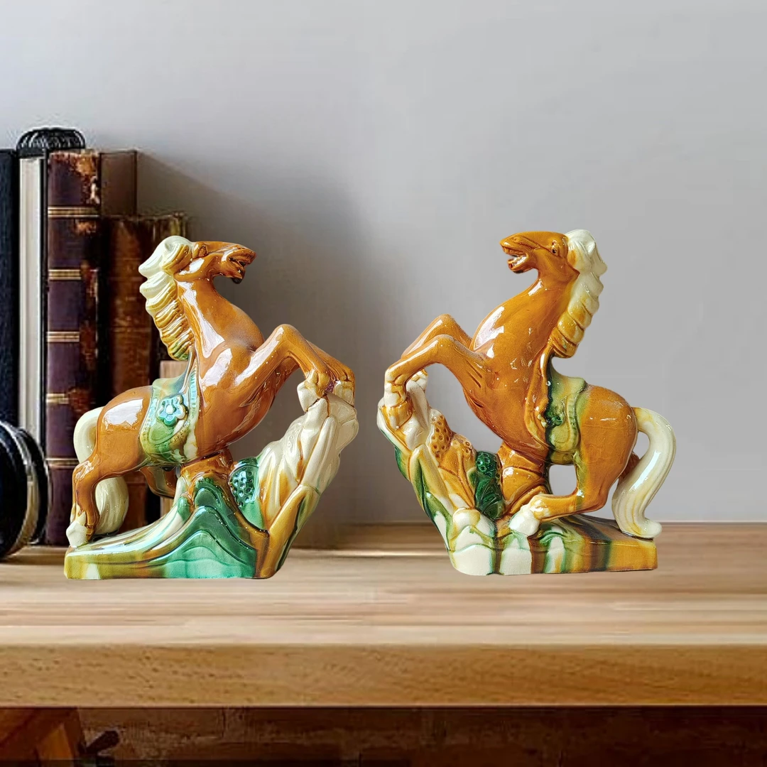 唐三彩小号上山马马到成功陶瓷摆件工艺礼品客厅装饰品办公室摆设