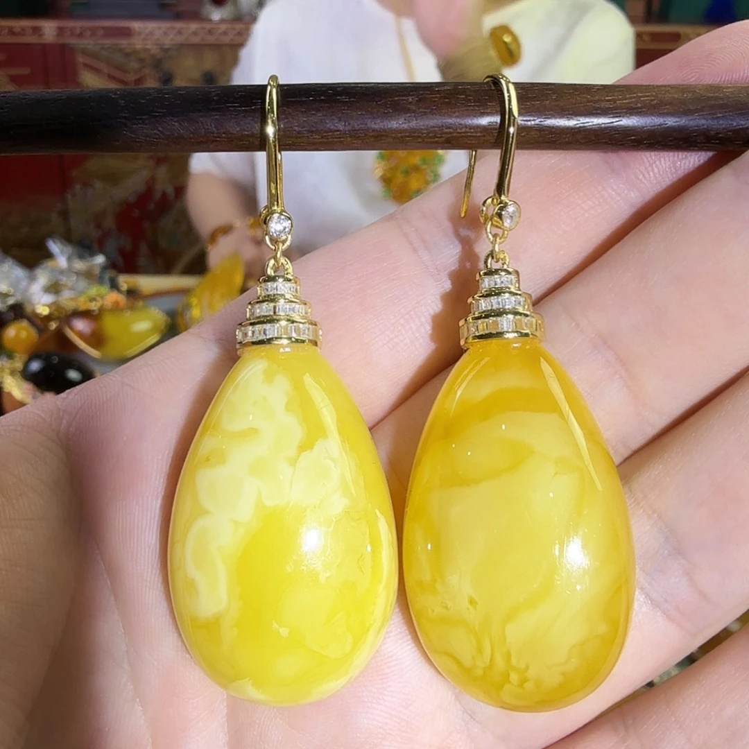 蜜蜡银S925镀金镶嵌耳环