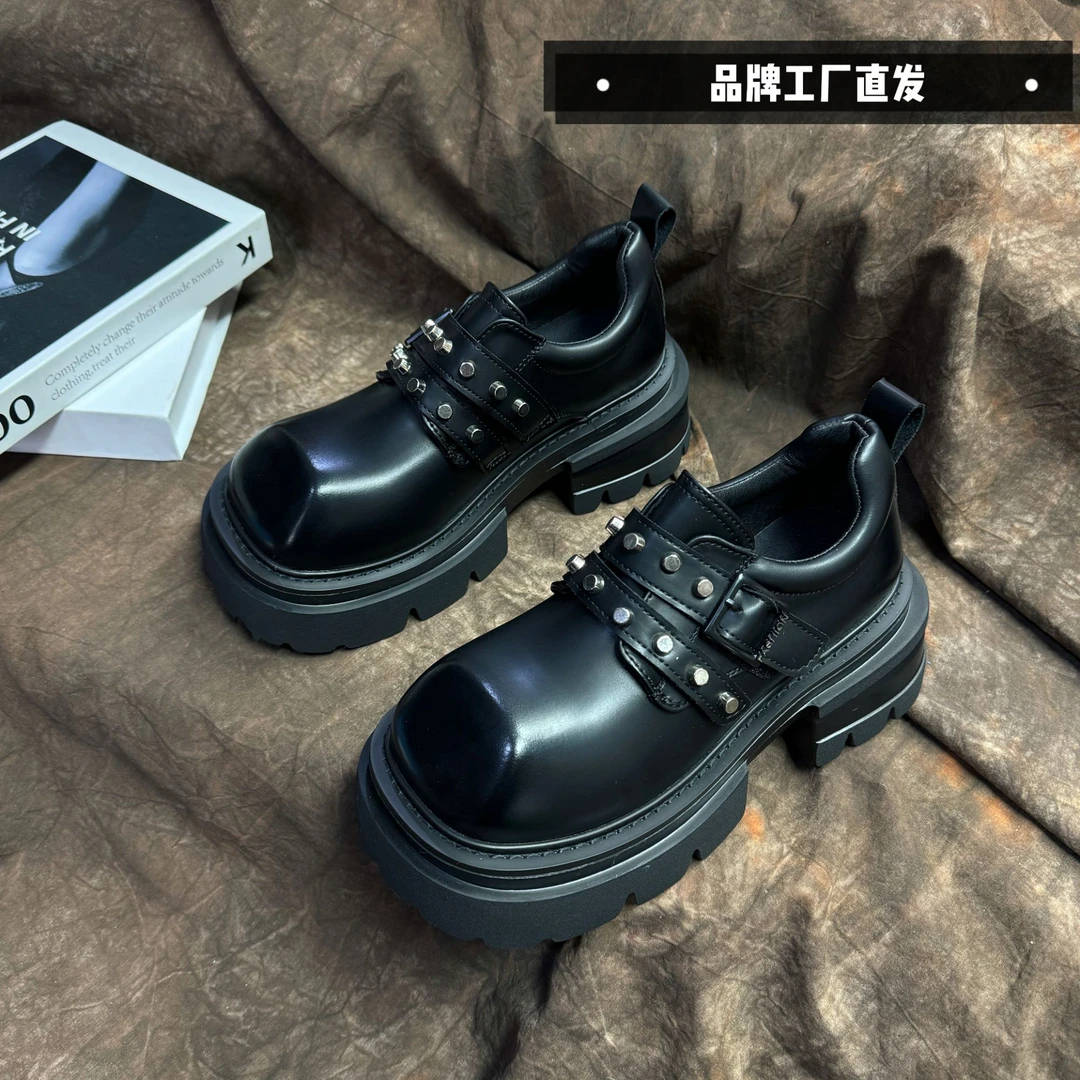 休闲百搭黑色真皮复古春季厚底英伦风单鞋7082黑色
