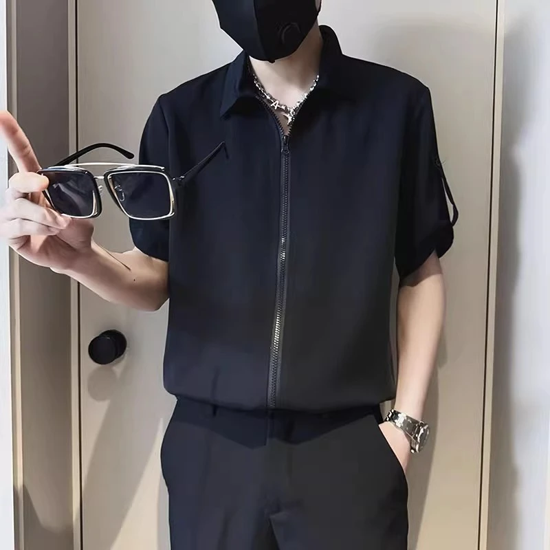 痞帅黑色拉链设计感衬衫男2025新款半袖衬衣夏季薄款潮牌短袖上衣