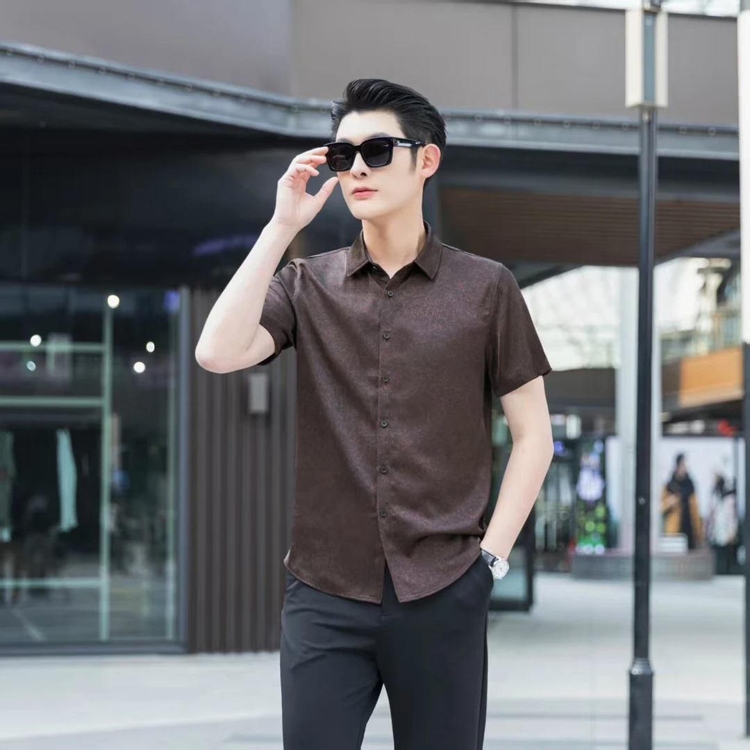 【浙杭丝绸】夏季新款香云纱半袖翻领休闲百搭桑蚕丝衬衫