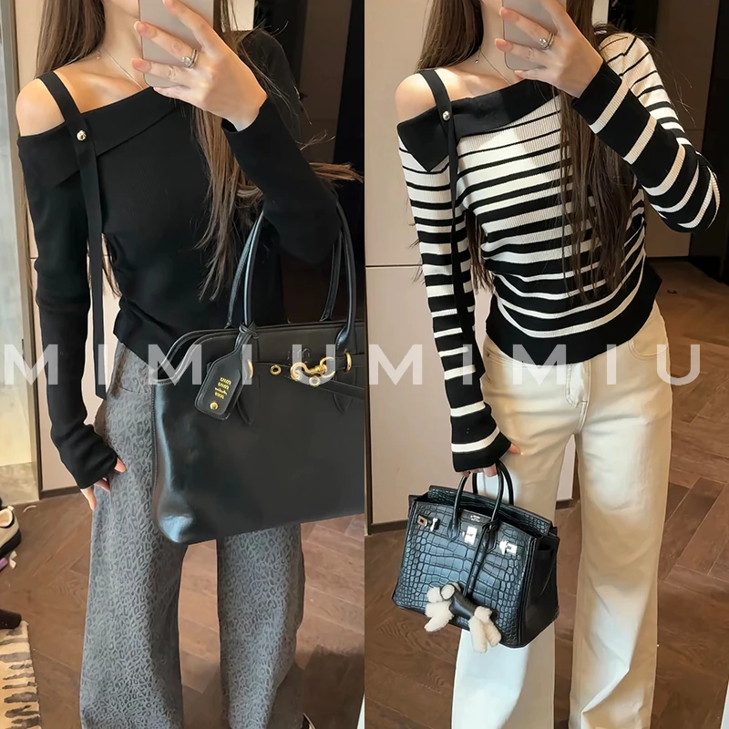 【mimius】U 韩系撞色斜肩飘带设计感长袖针织上衣 WG08025