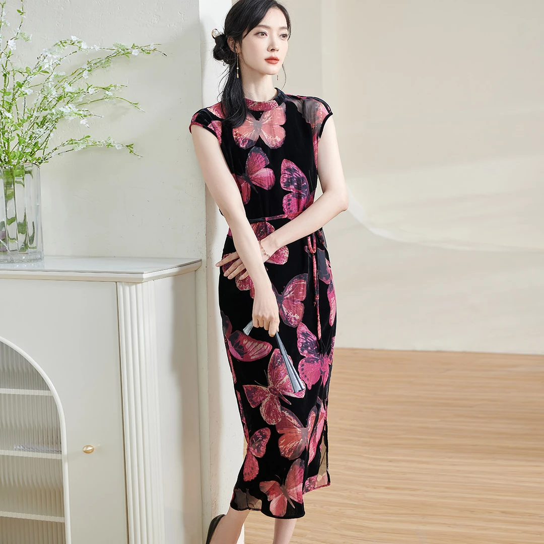 【彤彤专属】优雅气质丝绒立领修身包臀裙女5Y24BL1485