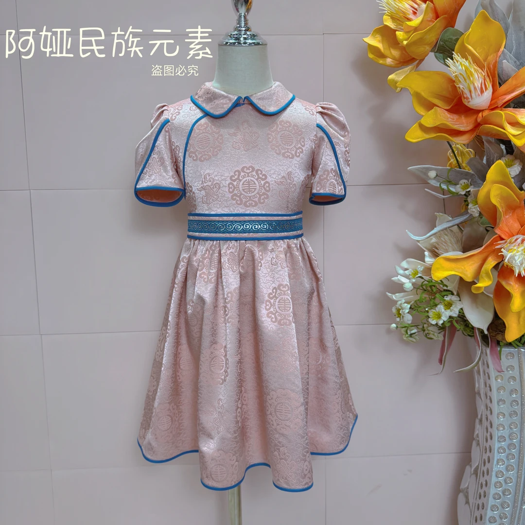 儿童娃娃领短袖连衣裙/荷叶罗裙一色裁