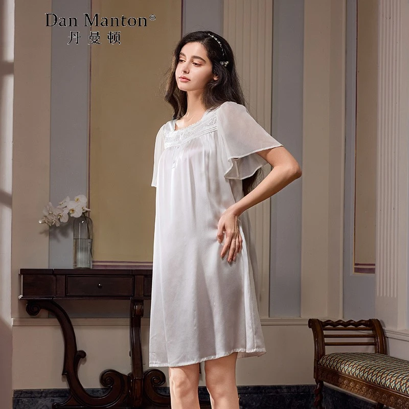 新款甜美风短袖睡裙女春夏季桑蚕丝家居服丝绸性感蕾丝睡衣