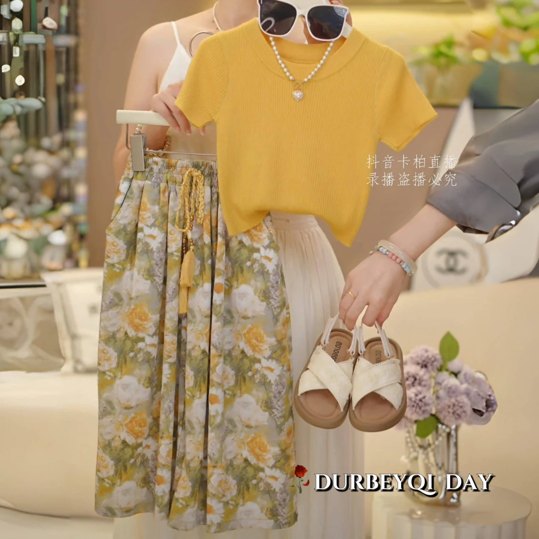 DURBEYQI/朵贝奇女童装2025洋气时髦圆领短袖碎花长裤套装5331
