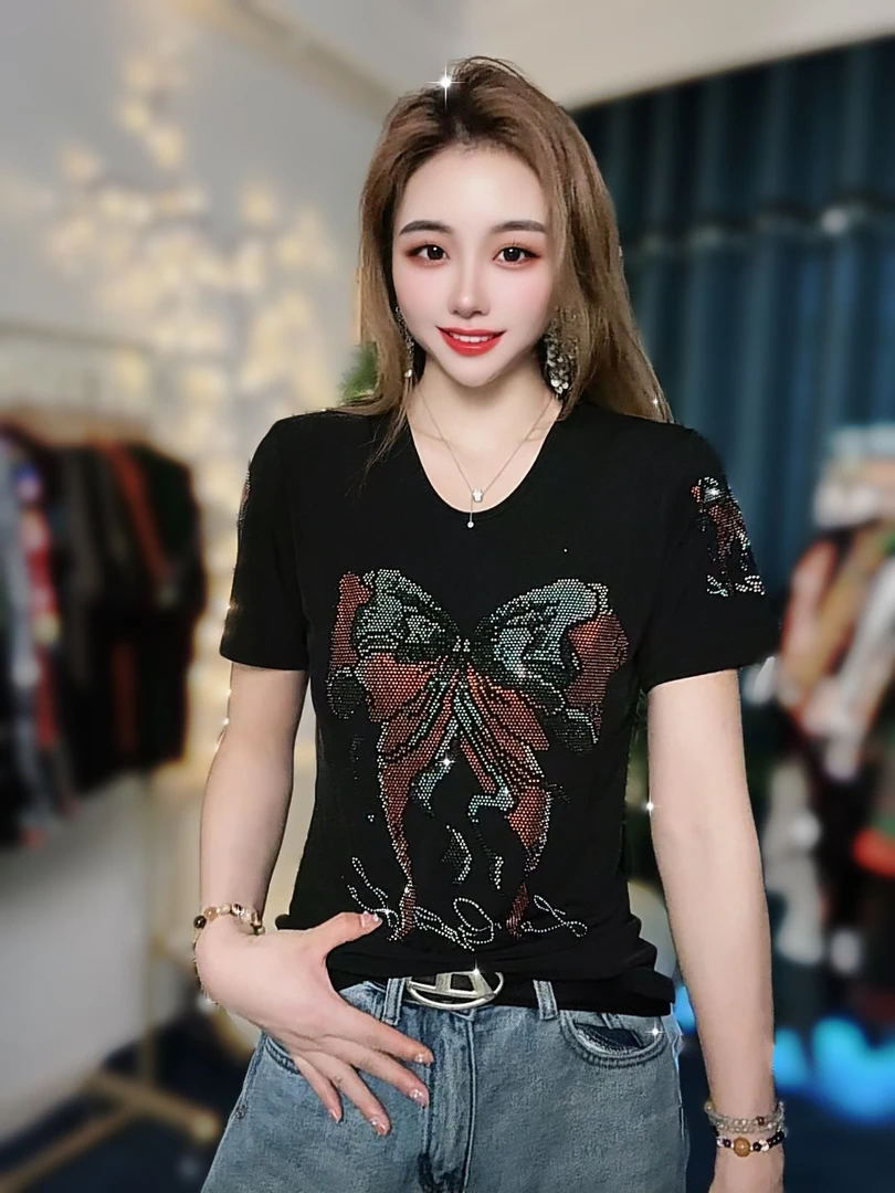 【夏季新款】蝴蝶结短袖t恤女装重工烫钻欧货小衫洋气亮钻上衣