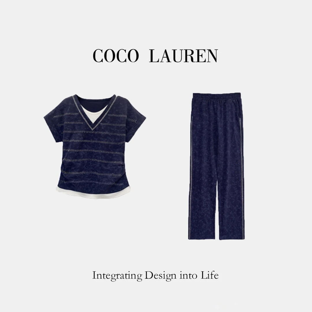 CoCoLauRenV领烫钻假两件短袖收腰T恤套装A21903