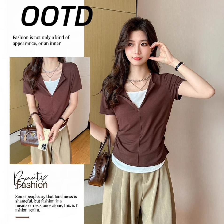 秋款弹力假两件撞色半拉链T修身透气百搭显瘦时尚休闲短袖T恤女衣