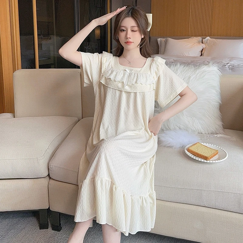 公主风睡裙女款夏季棉质短袖胖mm加肥大码睡衣夏天宽松孕妇家居服