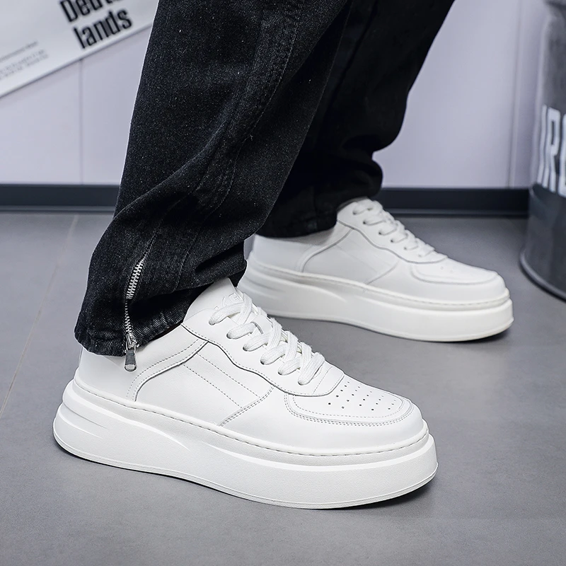 透气小白鞋韩版白色板鞋百搭潮流厚底5cm鞋子男士真皮潮鞋