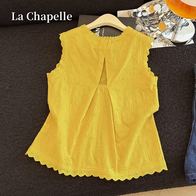 拉夏贝尔刺绣镂空蕾丝无袖衬衫背心女夏季新款甜美减龄小衫上衣潮