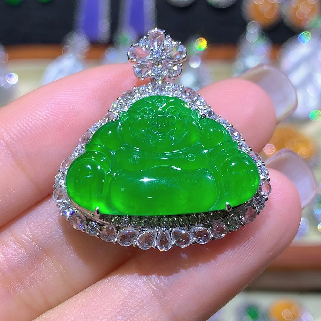 翡翠18K金镶嵌颈饰高冰满绿弥勒佛