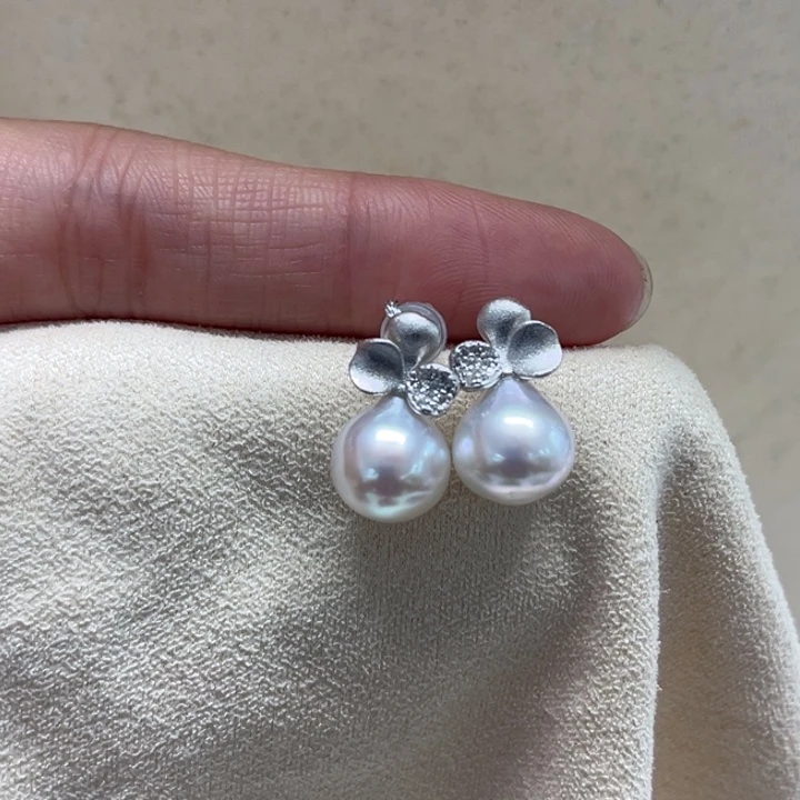 银S925镶嵌耳饰海水珍珠澳白9-10m 81号