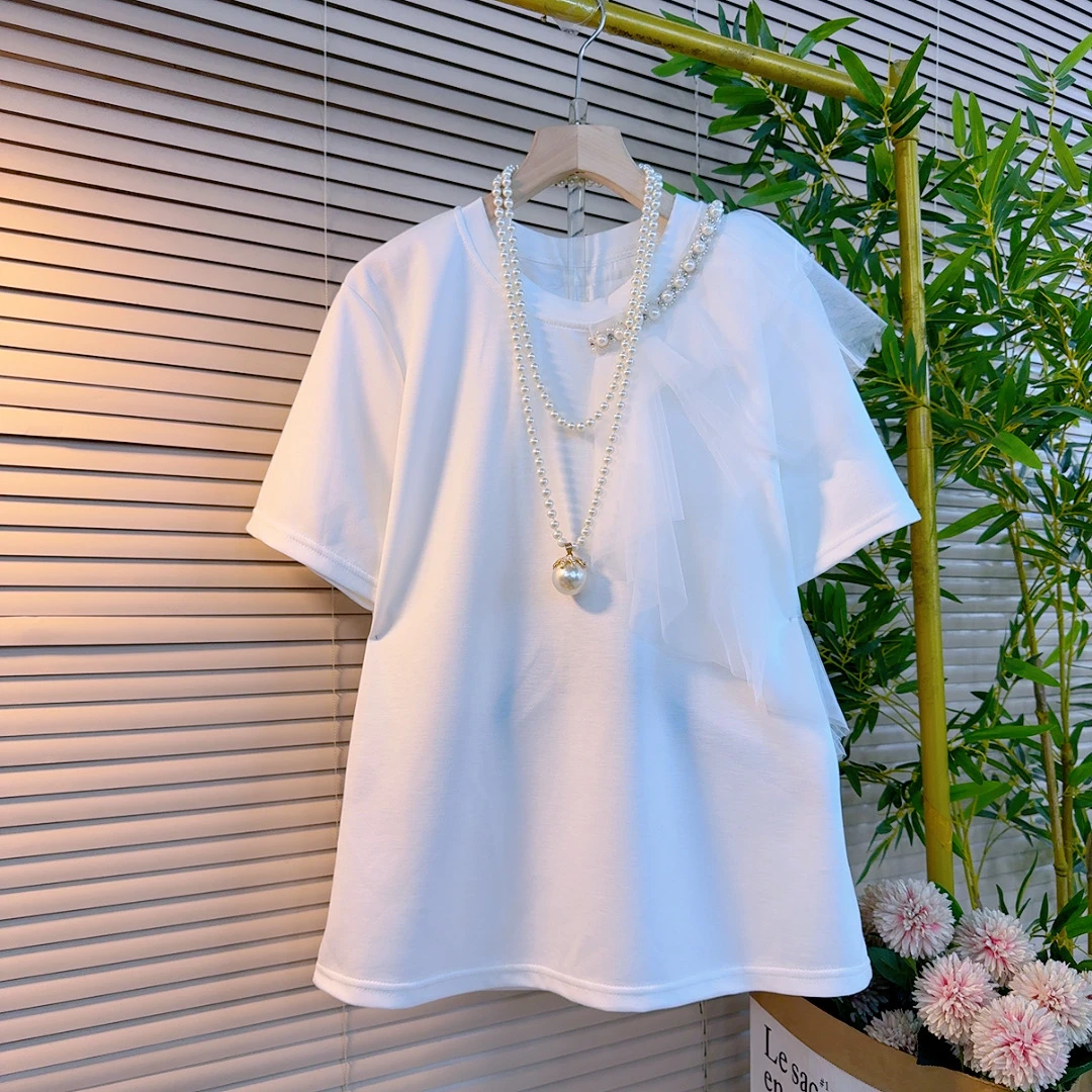 2565胖mm欧货时尚设计感名媛范圆领订珠拼接不等式洋气设计感短袖